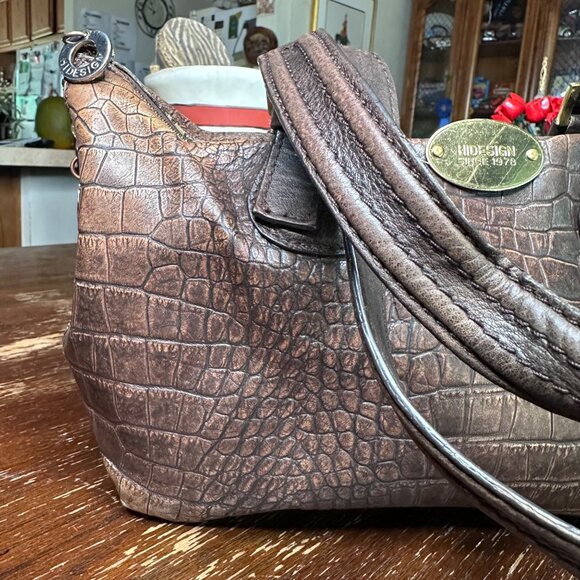 Crocodile-Embossed Brown Leather Conceal Carry Handbag By Hidesign Double Handle - Picture 6 of 14